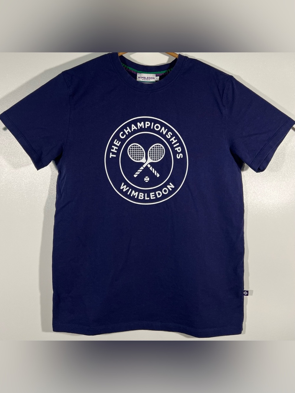 Wimbledon The Championships Logo Tennis T Shirt Sz Medium Navy Blue Mens Cotton